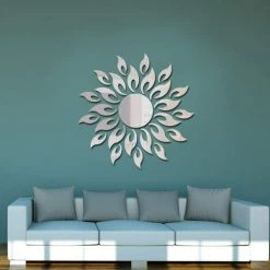 KARTOKNER 3D Miroir De Tournesol Stickers Muraux Rond Acrylique Salon Chambre TV Fond Stickers Muraux Salle De Mariage Entrée Décor à La Maison (Argent)