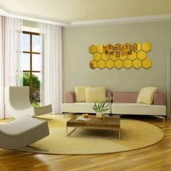 KARTOKNER Lot De 24 Miroirs Muraux Hexagonaux En Acrylique Doré - Décoration Murale - Carreaux De Miroir Autocollants Esthétiques Pour Chambre à Coucher, Salon (126*110*63mm/doré) -Miroir Soldes Boutique 55898138 5