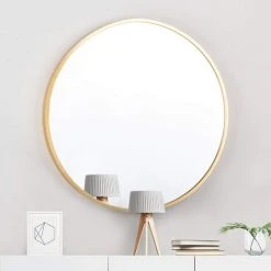 Kartokner Miroir Rond En Verre 50x50cm HD Miroir Mural Avec Cadre Métal Carré Pour Vanité, Salle De Bain,Salon Chambre (Or)