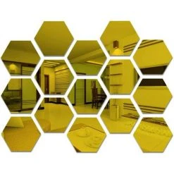KARTOKNER Lot De 15 Miroirs Muraux Hexagonaux En Acrylique Doré - Décoration Murale - Carreaux De Miroir Autocollants Esthétiques Pour Chambre à Coucher, Salon (160*184*92mm/doré)