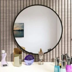 Kartokner Miroir Rond En Verre 50x50cm HD Miroir Mural Avec Cadre Métal Carré Pour Vanité, Salle De Bain,Salon Chambre (Noir) -Miroir Soldes Boutique 55898892 2