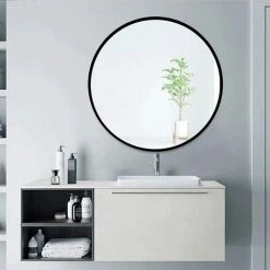 Kartokner Miroir Rond En Verre 50x50cm HD Miroir Mural Avec Cadre Métal Carré Pour Vanité, Salle De Bain,Salon Chambre (Noir) -Miroir Soldes Boutique 55898892 5