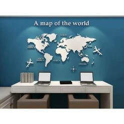 KARTOKNER 3D Art Carte Du Monde Muraux Sticker Murale Wall Décoration Décor Stickers Sticker Autocollant Murale Muraux Wall DIY Acrylique Cristal Bureau Étude Salon Canapé Fond Décor 80 * 40cm(Blanc)
