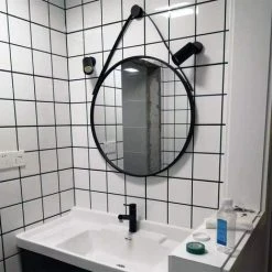 KARTOKNER Miroir Mural Rond Miroir De Toilette Miroir De Toilette Miroir Décoratif En Bois Pour Chambre à Coucher Miroir Rond Avec Corde (Noir 38CM) -Miroir Soldes Boutique 55899553 3