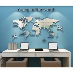 KARTOKNER 3D Art Carte Du Monde Muraux Sticker Murale Wall Décoration Décor Stickers Sticker Autocollant Murale Muraux Wall DIY Acrylique Cristal Bureau Étude Salon Canapé Fond Décor 230 * 120cm (argent)