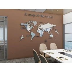 KARTOKNER 3D Art Carte Du Monde Muraux Sticker Murale Wall Décoration Décor Stickers Sticker Autocollant Murale Muraux Wall DIY Acrylique Cristal Bureau Étude Salon Canapé Fond Décor 230 * 120cm (argent) -Miroir Soldes Boutique 55899573 3