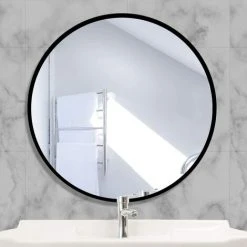 Kartokner Miroir Rond En Verre 40x40cm HD Miroir Mural Avec Cadre Métal Carré Pour Vanité, Salle De Bain,Salon Chambre (Noir)