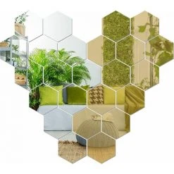 Miroir Stickers Muraux, Kartokner 24PCS Or Et Argent Amovible Miroir Autocollants DIY Acrylique Décoration Murale Miroir Carrelage Hexagone Miroir Stickers Muraux Pour Salon Chambre (126*110*63mm)