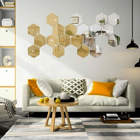 Miroir Stickers Muraux, Kartokner 24PCS Or Et Argent Amovible Miroir Autocollants DIY Acrylique Décoration Murale Miroir Carrelage Hexagone Miroir Stickers Muraux Pour Salon Chambre (126*110*63mm) 6 Miroir Stickers Muraux, Kartokner 24PCS Or Et Argent Amovible Miroir Autocollants DIY Acrylique Décoration Murale Miroir Carrelage Hexagone Miroir Stickers Muraux Pour Salon Chambre (126*110*63mm) – Image 4