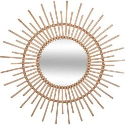 FALSE Miroir Rond Soleil En Rotin Naturel Et Verre 76cm - Beige - SILUMEN