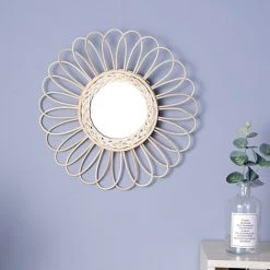 MACARON Miroir Round Mural Décoratif, Rotin, Rotin Naturel, Style Ethnique, Nordique, Pour Salle De Bain Ou Hall D'entrée, Coleur Naturel 40*40cm LO-Ron -Miroir Soldes Boutique 57139705 5
