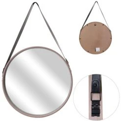 MIROIR ROND AVEC ANSE PU BOIS 50CM