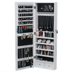 LIFCAUSAL Armoire à Miroir Miroir Complet Tenture Murale En Bois Étagère à 5 Couches Rangement De Bijoux à 2 Tiroirs , Blanc