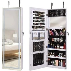 DlandHome Armoire à Bijoux Avec Miroir Pleine Longueur Verrouillable Sur Pied Armoire à Bijoux Avec 6 Lumières LED, Blanc QH-6139-D