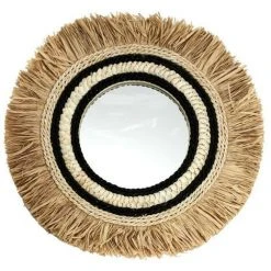 HOME DÉCO FACTORY Miroir Mural M4 - Forme Rond - Cadre Raphia - Naturel - HOME DECO FACTORY