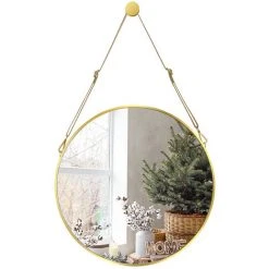 Hengda Miroir Rond Miroir Mural Miroir Suspendu 50cm Miroir Décoratif Avec Bande De Cuir Réglable - GOLD