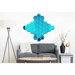 HKLFFJA Lot De 12 Miroirs Acryliques Autocollants Muraux Hexagonaux En Plastique Pour Décoration D’intérieur, Pour Le Salon, La Chambre à Coucher, Au Dessus Du Canapé Ou De La Télévision Bleu -Miroir Soldes Boutique 59149177 4