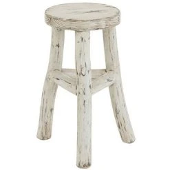 LANADECO Tabouret Ibiza Rond En Bois Blanc Delavé - Blanc