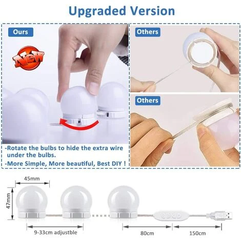 MINKUROW Lampe De Miroir LED Style Hollywood 10 Ampoules, Câbles Parfaitement Cachés, 3 Couleurs Et 10 Intensités, Lumière Miroir USB Pour Coiffeuse Maquillage, Boule LED Coiffeuse Adhesif Pour Makeup 4 MINKUROW Lampe De Miroir LED Style Hollywood 10 Ampoules, Câbles Parfaitement Cachés, 3 Couleurs Et 10 Intensités, Lumière Miroir USB Pour Coiffeuse Maquillage, Boule LED Coiffeuse Adhesif Pour Makeup – Image 2