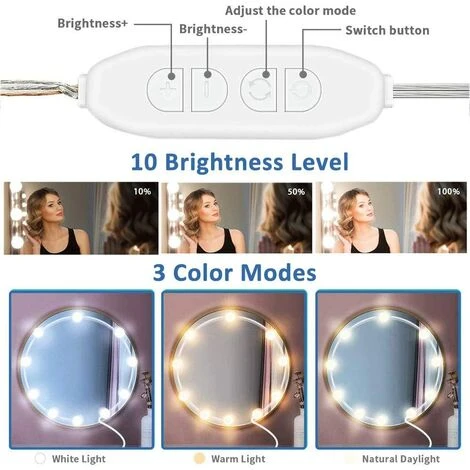 MINKUROW Lampe De Miroir LED Style Hollywood 10 Ampoules, Câbles Parfaitement Cachés, 3 Couleurs Et 10 Intensités, Lumière Miroir USB Pour Coiffeuse Maquillage, Boule LED Coiffeuse Adhesif Pour Makeup 5 MINKUROW Lampe De Miroir LED Style Hollywood 10 Ampoules, Câbles Parfaitement Cachés, 3 Couleurs Et 10 Intensités, Lumière Miroir USB Pour Coiffeuse Maquillage, Boule LED Coiffeuse Adhesif Pour Makeup – Image 3
