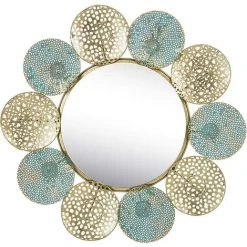 Baroni Home Miroir Mural Décoratif à La Maison Avec Cadre En Fer, Salon Ou Miroir De Chambre, Or Et Grandes Jantes Turquoise