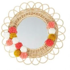 OSTARIA Miroir Rond Rotin Pompons Naturel D37 - Beige