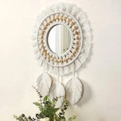MEZHENG Miroir Muraux Suspendu Avec Frange Rond Mural Miroir Décoratif Plume Pendentif Art Ornement Pour Appartement Maison Chambre Salon -Miroir Soldes Boutique 62342697 2