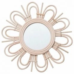PERLE RARE Miroir Round Mural Décoratif, Rotin, Rotin Naturel, Style Ethnique, Nordique, Pour Salle De Bain Ou Hall D'entrée, Coleur Naturel, 40x40x2 Cm