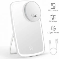 PERLE RARE Miroir Grossissant 10x Lumineux, Rechargeable Avec 3 Réglages D'éclairage LED - Ventouse Forte, Lumière Tactile à Intensité Variable, Sans Fil