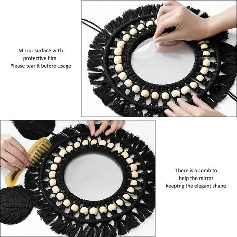 PERLE RARE Miroir Muraux Suspendu Avec Frange Rond Mural Miroir Décoratif Plume Pendentif Art Ornement Pour Appartement Maison Chambre Salon (Noir) 7 PERLE RARE Miroir Muraux Suspendu Avec Frange Rond Mural Miroir Décoratif Plume Pendentif Art Ornement Pour Appartement Maison Chambre Salon (Noir) â Image 5