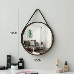 PERLE RARE PU Cuir Miroir Mural Rond Miroir Décoratif Suspendu Avec Sangle Miroir De Maquillage Miroir De Vanité Pour Salle De Bain Salon Chambre -Miroir Soldes Boutique 63733540 2