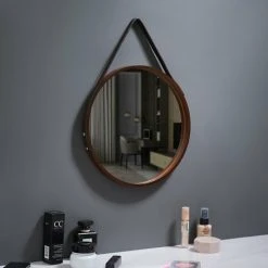 PERLE RARE PU Cuir Miroir Mural Rond Miroir Décoratif Suspendu Avec Sangle Miroir De Maquillage Miroir De Vanité Pour Salle De Bain Salon Chambre -Miroir Soldes Boutique 63733540 3