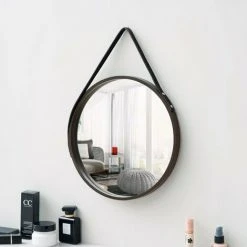 PERLE RARE PU Cuir Miroir Mural Rond Miroir Décoratif Suspendu Avec Sangle Miroir De Maquillage Miroir De Vanité Pour Salle De Bain Salon Chambre -Miroir Soldes Boutique 63733540 5