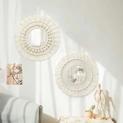 PERLE RARE Miroir Mural 2Pcs Miroir à Franges En Macramé Boho Avec Pendentif En De Perles De Bois Miroir Rond D'art Mural Pour Couloir De Chambre à Coucher Salon Décor à La Maison -Miroir Soldes Boutique 63734630 4