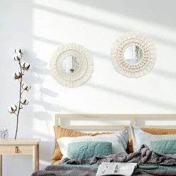 PERLE RARE Miroir Mural 2Pcs Miroir à Franges En Macramé Boho Avec Pendentif En De Perles De Bois Miroir Rond D'art Mural Pour Couloir De Chambre à Coucher Salon Décor à La Maison -Miroir Soldes Boutique 63734630 5