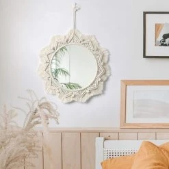 PERLE RARE Miroir Mural Boho Miroir Art Décor Macramé Frange Miroirs Ronds Décoratifs Ornement Pour Murale Appartement Maison Chambre Salon Décor -Miroir Soldes Boutique 63734673 5