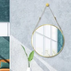 Randaco Miroir Rond Miroir Mural Salon Miroir Suspendu Rond Miroir Mural Miroir De Maquillage Salle De Bain 50cm - GOLD
