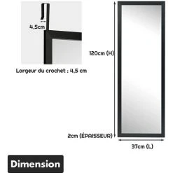 RELAX4LIFE Miroir Mural Suspendu Avec Crochets De Suspension Pour Porte, Miroir En Pleine Longueur Réglable En Hauteur, Convient Pour Chambre, Salon, Blanc/Noir/Brun (120 X 37cm, Noir) -Miroir Soldes Boutique 64129601 5