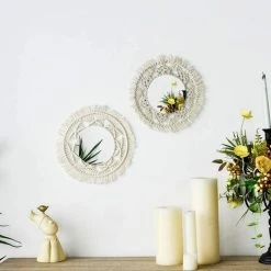 CARILLONSàVENT Lot De 2 Miroirs Muraux Macramés Faits à La Main Suspendre Avec Franges Rondes Pour Appartement, Salon, Chambre à Coucher, Chambre à Coucher, Décoration De La Maison Moderne Carivent -Miroir Soldes Boutique 64142366 4