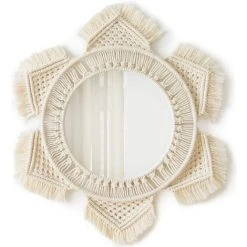 ILOVEMILAN Miroir Mural Suspendu Avec Franges En Macramé Rond Boho Mirror Art Decor Pour Appartement Salon Chambre Bébé Crèche Dortoir Entrées, Ivoire