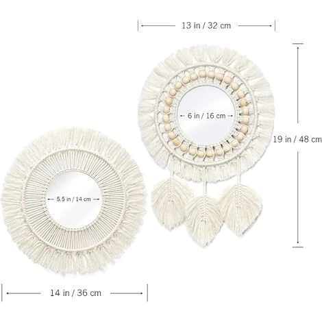 YIENJAOY Miroir Mural 2Pcs Miroir à Franges En Macramé Boho Avec Pendentif En Plumes De Perles De Bois Miroir Rond D'art Mural Pour Couloir De Chambre à Coucher Salon Décor à La Maison(Plume+Lrradier) 4 YIENJAOY Miroir Mural 2Pcs Miroir à Franges En Macramé Boho Avec Pendentif En Plumes De Perles De Bois Miroir Rond D'art Mural Pour Couloir De Chambre à Coucher Salon Décor à La Maison(Plume+Lrradier) – Image 2