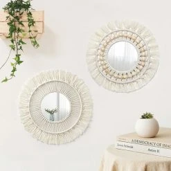 YIENJAOY Miroir Mural 2Pcs Miroir à Franges En Macramé Boho Avec Pendentif En De Perles De Bois Miroir Rond D'art Mural Pour Couloir De Chambre à Coucher Salon Décor à La Maison