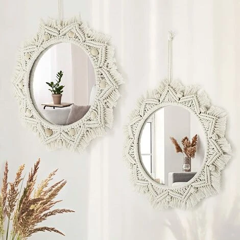 YIENJAOY 2PCS Miroir Mural Miroir En Macramé 38cm Style Bohème Décoration Murale Décoration Rond D'art Mural Pour La Maison La Chambre à Coucher Le Salon Déco 3 YIENJAOY 2PCS Miroir Mural Miroir En Macramé 38cm Style Bohème Décoration Murale Décoration Rond D'art Mural Pour La Maison La Chambre à Coucher Le Salon Déco