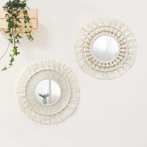CADEAUX 2Pcs Miroir Mural Miroir à Franges En Macramé Boho Avec Pendentif En De Perles De Bois Miroir Rond D'art Mural Pour Couloir De Chambre à Coucher 3 CADEAUX 2Pcs Miroir Mural Miroir à Franges En Macramé Boho Avec Pendentif En De Perles De Bois Miroir Rond D'art Mural Pour Couloir De Chambre à Coucher