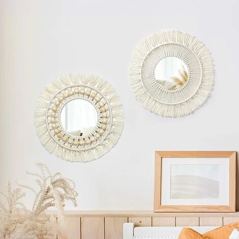 CADEAUX 2Pcs Miroir Mural Miroir à Franges En Macramé Boho Avec Pendentif En De Perles De Bois Miroir Rond D'art Mural Pour Couloir De Chambre à Coucher 5 CADEAUX 2Pcs Miroir Mural Miroir à Franges En Macramé Boho Avec Pendentif En De Perles De Bois Miroir Rond D'art Mural Pour Couloir De Chambre à Coucher – Image 3