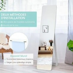 RELAX4LIFE Grand Miroir Sur Pied 160x37cm Anti-Rayures, Installation Murale Ou Sur Pied, Miroir Pleine Longeur Moderne Pour Hall Entrée Chambre Bureau(Blanc) -Miroir Soldes Boutique 66210779 4