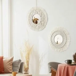 OCXIN Miroir Mural à Suspendre Avec Franges En Macramé Fixé Au Mur 2 Ensembles De Miroirs Ronds à Suspendre Au Mur Boho Decor Pour Appartement, Maison, Chambre à Coucher, Salon (Beige, 2pcs) -Miroir Soldes Boutique 66964064 2