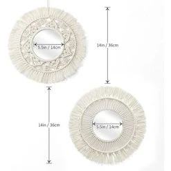 OCXIN Miroir Mural à Suspendre Avec Franges En Macramé Fixé Au Mur 2 Ensembles De Miroirs Ronds à Suspendre Au Mur Boho Decor Pour Appartement, Maison, Chambre à Coucher, Salon (Beige, 2pcs) -Miroir Soldes Boutique 66964064 4