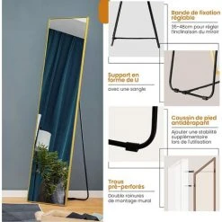 RELAX4LIFE Grand Miroir Sur Pied Chambre 40x160CM Avec Cadre Alliage D'alu Et Verre Antidéflagrant, Grand Miroir Mural Rectangulaire Pour Salon Vestiaire Couloir (Doré) -Miroir Soldes Boutique 66993097 3