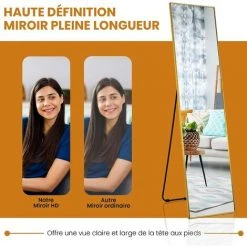 RELAX4LIFE Grand Miroir Sur Pied Chambre 40x160CM Avec Cadre Alliage D'alu Et Verre Antidéflagrant, Grand Miroir Mural Rectangulaire Pour Salon Vestiaire Couloir (Doré) -Miroir Soldes Boutique 66993097 5